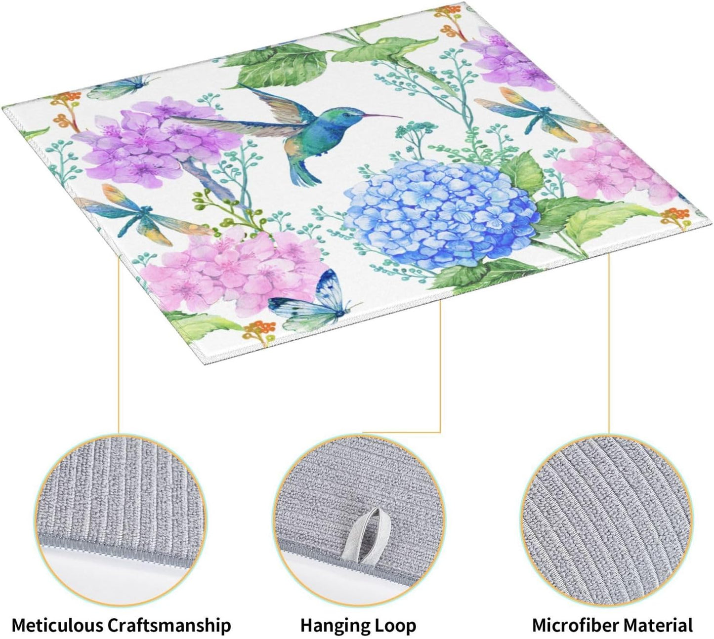 Dish Drying Mat Spring Hummingbird Flower Hydrangea for Kitchen Counter Absorbent Dishes Drainer Microfiber Small 16x18 Inch