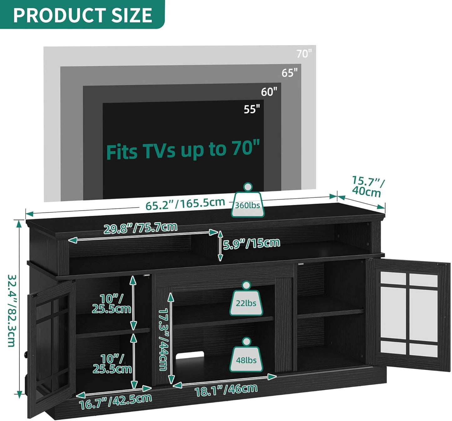 YITAHOME Black TV Stand for 75 Inch TV, LED Modern Entertainment Center with Adjustable Shelves and Glass Doors, 32'' Tall Television Stands TV Media Console Table for Living Room, Black