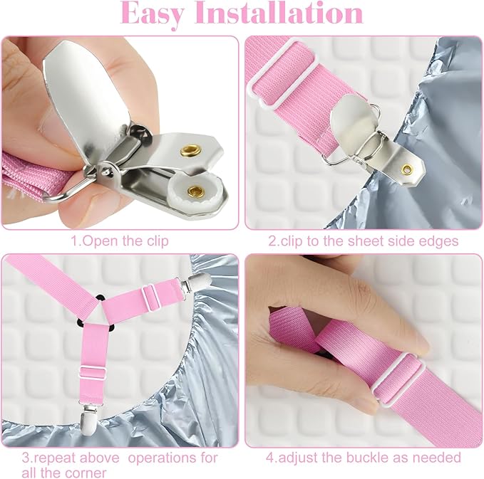 Morcheiong Bed Sheet Fasteners Straps - 4 Pack Adjustable Bed Sheet Holder Strap for Bedding Stays Bedsheet Tie Downs - Pink