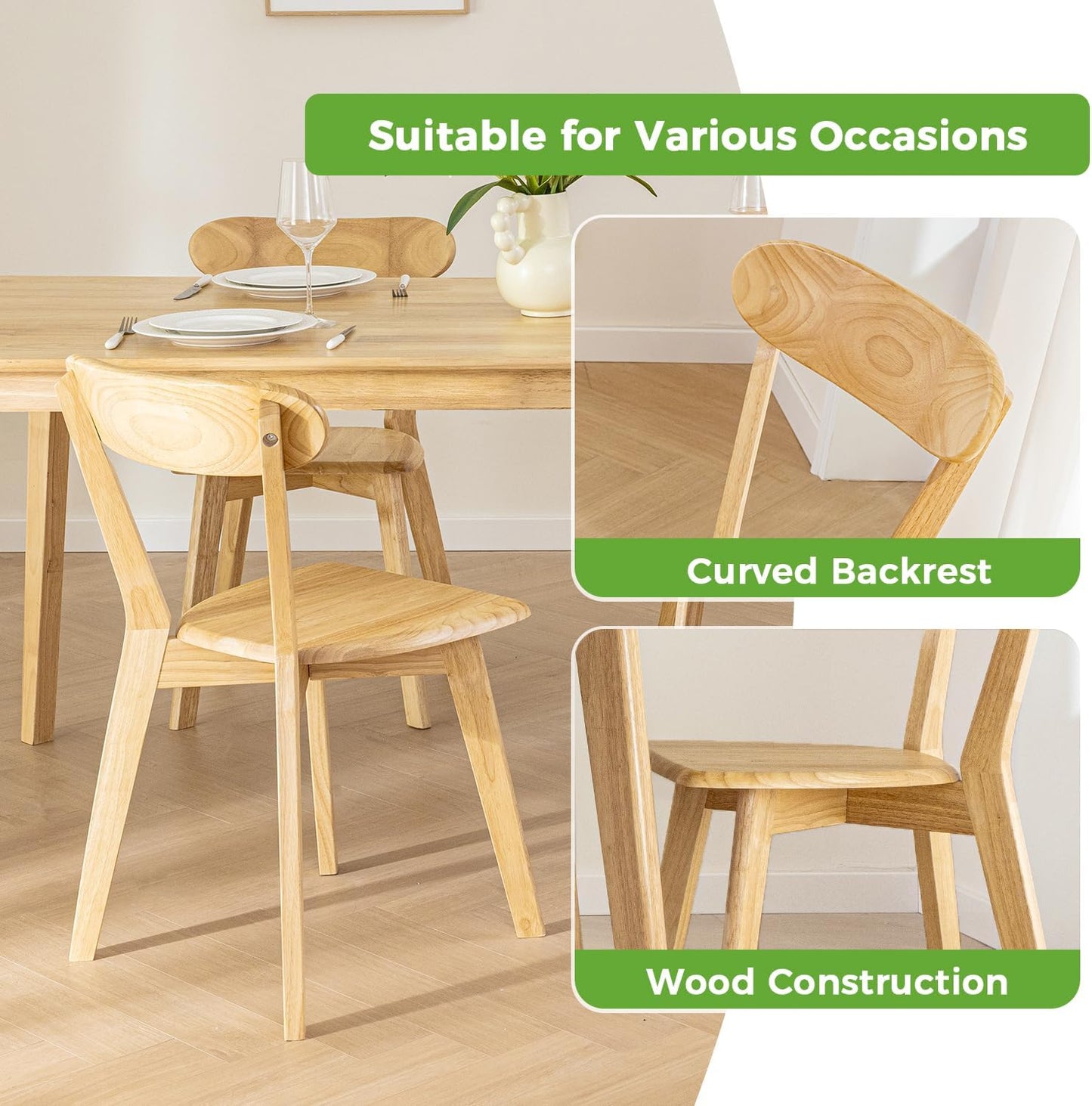 DELAVIN Solid Wood Dining Chairs Set of 4, Farmhouse Oak Wood Kitchen Chair, Mid Century Modern Dining Room Chairs, Natural