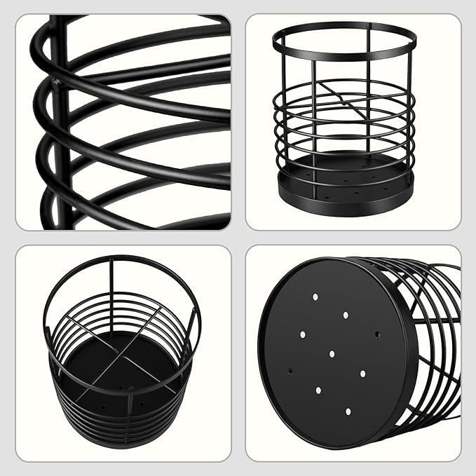 RedCall Utensil Holder for Kitchen Countertop,Metal Spatula Holder,Cooking Utensil Holder for Spoon,Wire Utensil Organizer,Stainless Steel Round Utensil Caddy Crock Flatware Storage Counter (Black)
