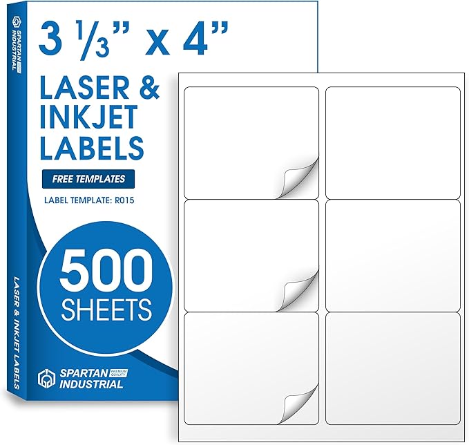 3 1/3" X 4" Matte White Shipping Labels Compatible with Inkjet and Laser Printers - 500 Sheets, 3000 Printable Stickers for Mailing, Product IDs, Organization - Spartan Industrial Template R015