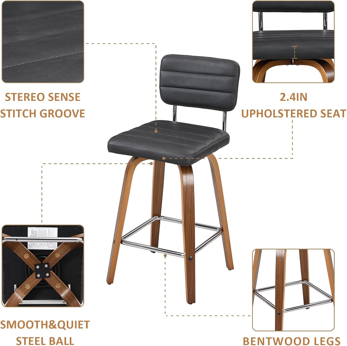 Counter Height Bar Stools Set of 2 Wood Swivel Bar Stools for Kitchen Island Modern Square Barstools with Leather Back Cushion Industrial Vintage Bar Chair Rustic Furniture for Home Pub 26 Inch Grey