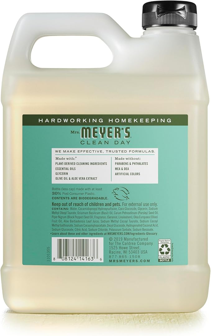 MRS. MEYER'S CLEAN DAY Hand Soap Refill, Made with Essential Oils, Basil, 33 fl. oz