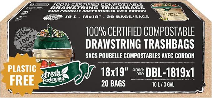 All Purpose Kitchen Trash Bags - 100% Certified Compost Safe Garbage Bag - Yard Waste Green Bin Liners - 10L / 3 Gallons - Drawstring Handles for Easy Use - 20 Bags Per Box