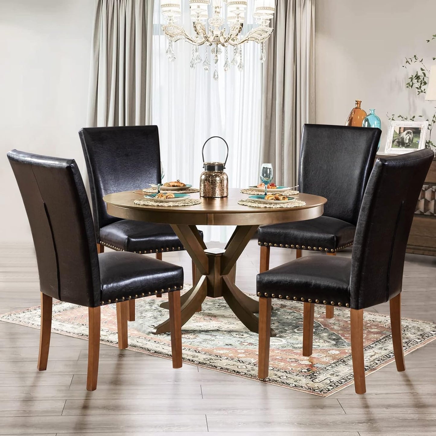 Parsons Dining Chairs Set of 6, Upholstered Nailhead PU Leather Dining Room Kitchen Side Chair with Thick Cushions and Wood Legs, Black