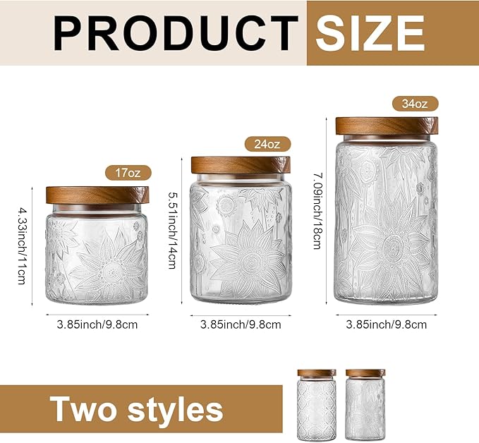6 Pcs Vintage Glass Jar with Wooden Lid 17/24/34 oz Glass Airtight Food Storage Container with Lid Jar Begonia Sunflower Pattern for Kitchen Sugar Coffee Tea Beans Candy Cookie