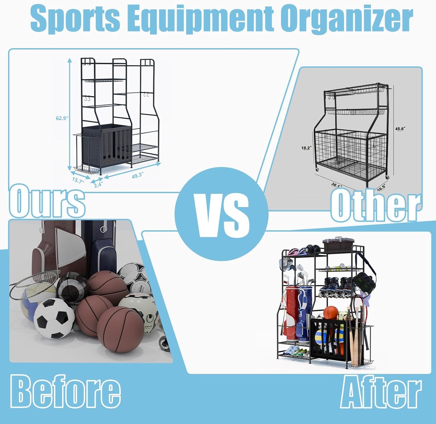 Garage Sports Equipment Organizer, Golf Bag Storage Rack, Heavy Duty Ball Holder with Basket & Hooks, Indoor/Outdoor Basketball Storage Bins for Toy Sports Gear Storage (Pro)