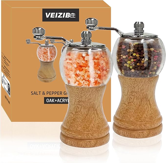Salt and Pepper Grinder Set Manual Pepper Mill Set Classical Hand Shake Wooden Salt Mill Acrylic Ceramic Blades Upgrade Metal Handle, Enjoy Fresh Ground Pepper Salt Various Spices (2pcs-5in)