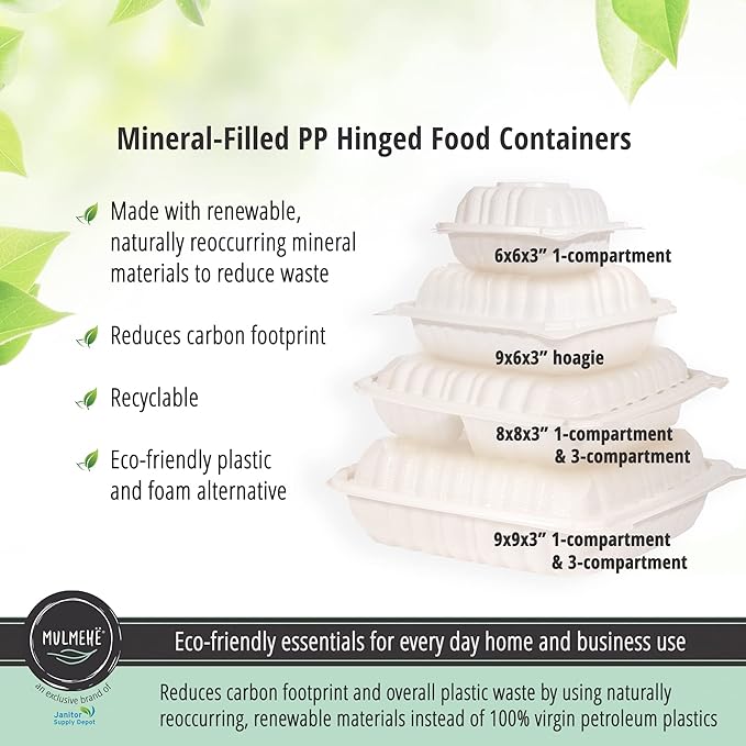 MULMEHË Mineral Filled Polypropylene Plastic Hinged Take Out Food Containers, 9x9x3, Vented Single Compartment, Natural White, 200 per Case