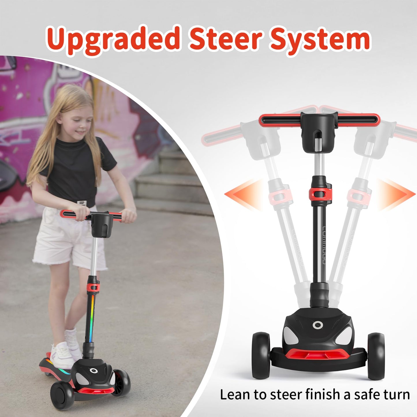 Commugo 3 Wheel Electric Scooter for Kids with LED Lighted Wheels, Balance Scooter for Kids Adjustable Height & Lean-to-Steer, 3-Wheel Foldable Scooter Anti-Slip Deck for Boys & Girls Toddlers