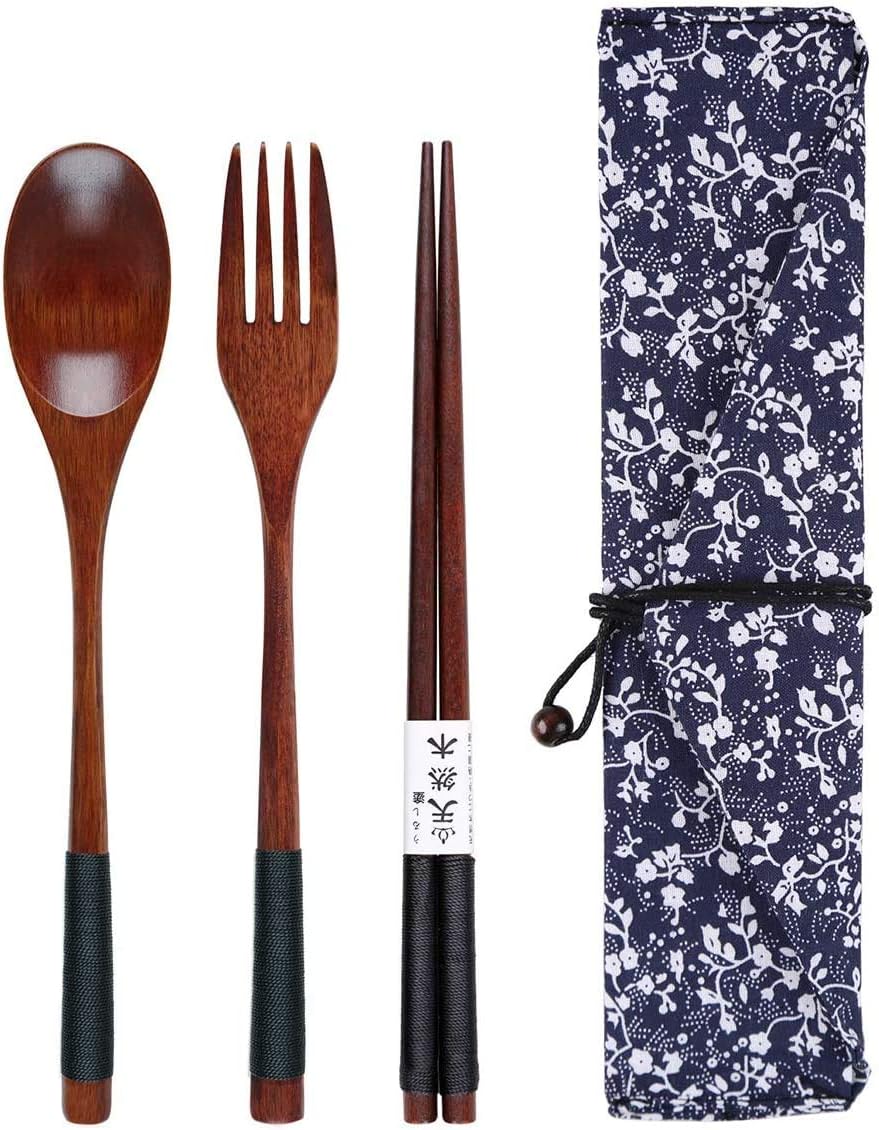 Wooden Chopsticks Spoon Fork Set Japanese Style Tableware Travel Utensils with Pouch for Camping,Picnic,Office or Home (Style A)