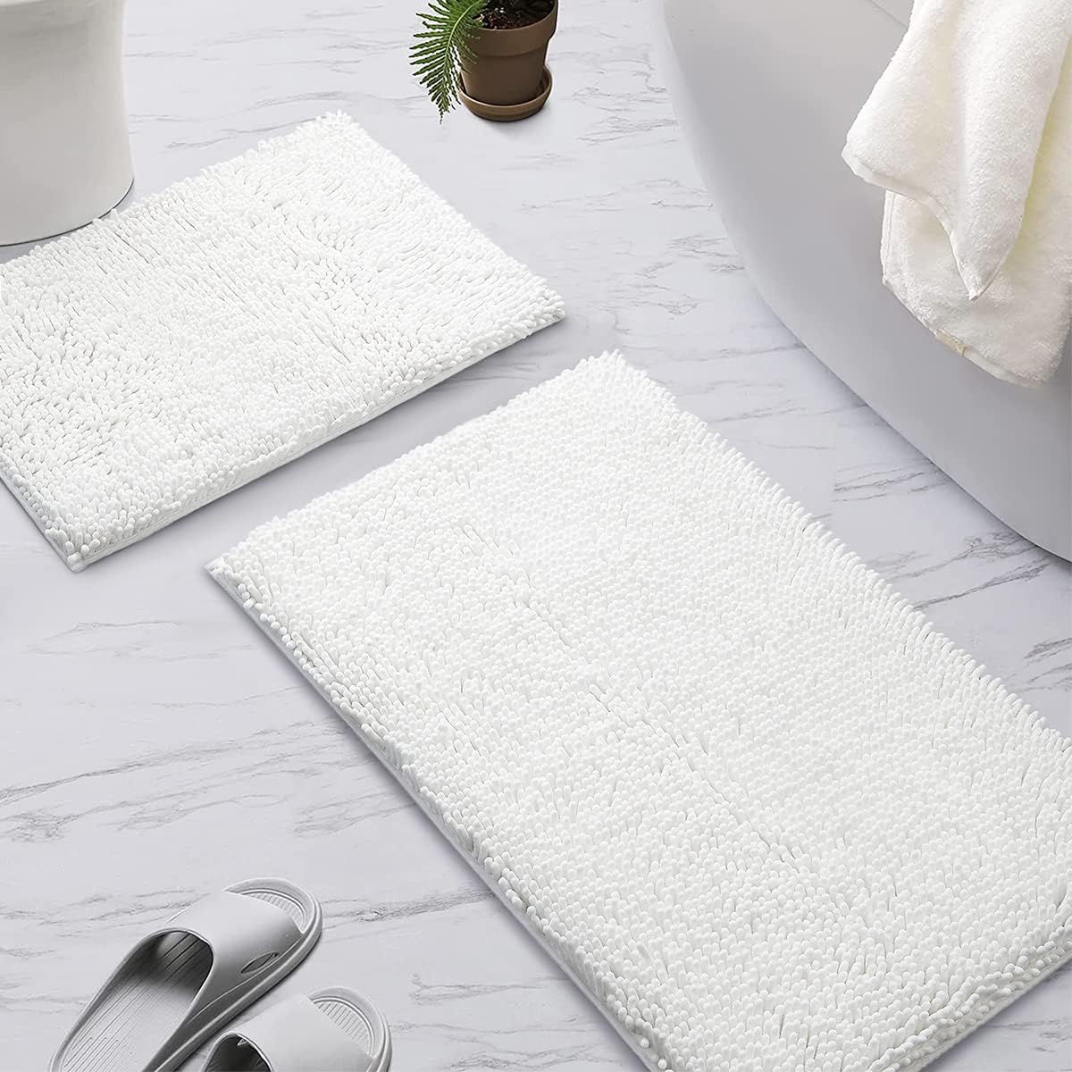 SONORO KATE Bathroom Rug,Non-Slip Bath Mat,Soft Cozy Shaggy Thick Bath Rugs for Bathroom,Plush Rugs for Bathtubs,Water Absorbent Rain Showers and Under The Sink (White, 36" x 24" Plus 32" x 20")