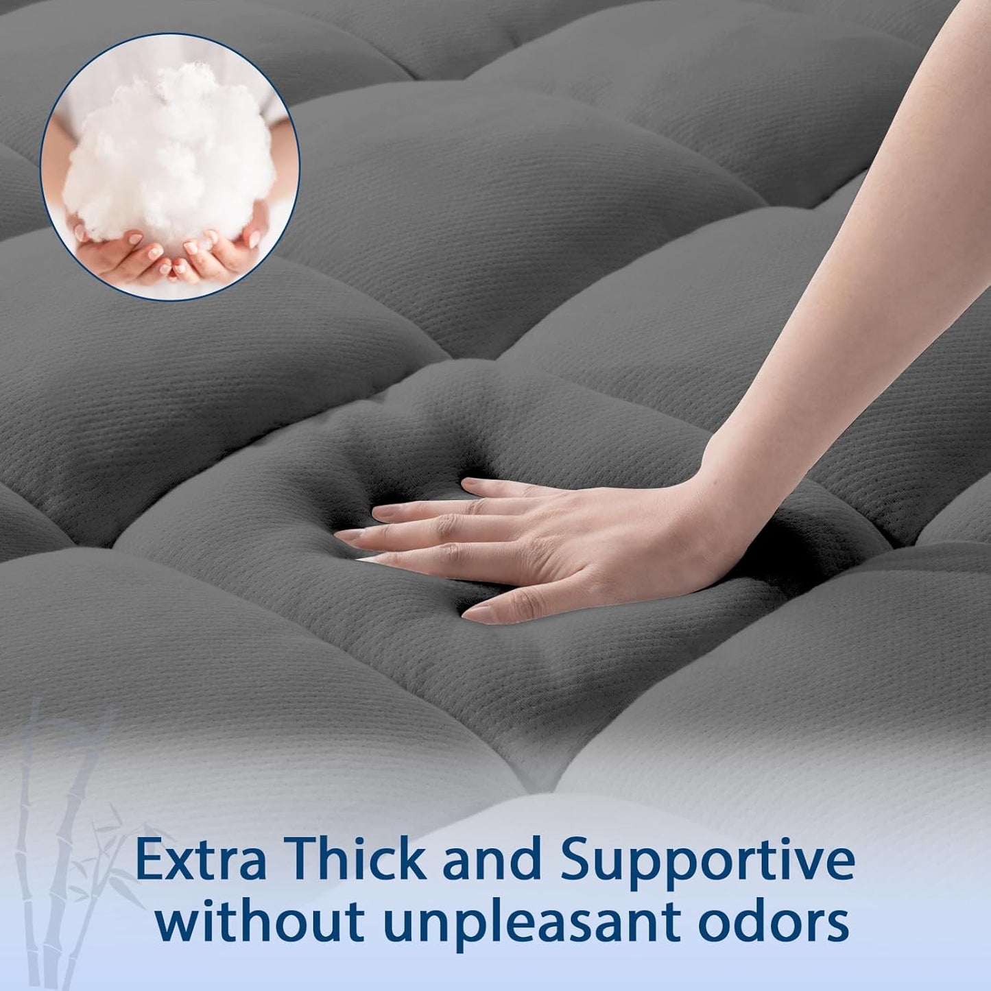 ELEMUSE Queen Grey Cooling Bamboo Viscose Mattress Topper for Back Pain, Extra Thick Mattress Pad Cover, Plush Soft Pillowtop with Elastic Deep Pocket, Overfilled Down Alternative Filling
