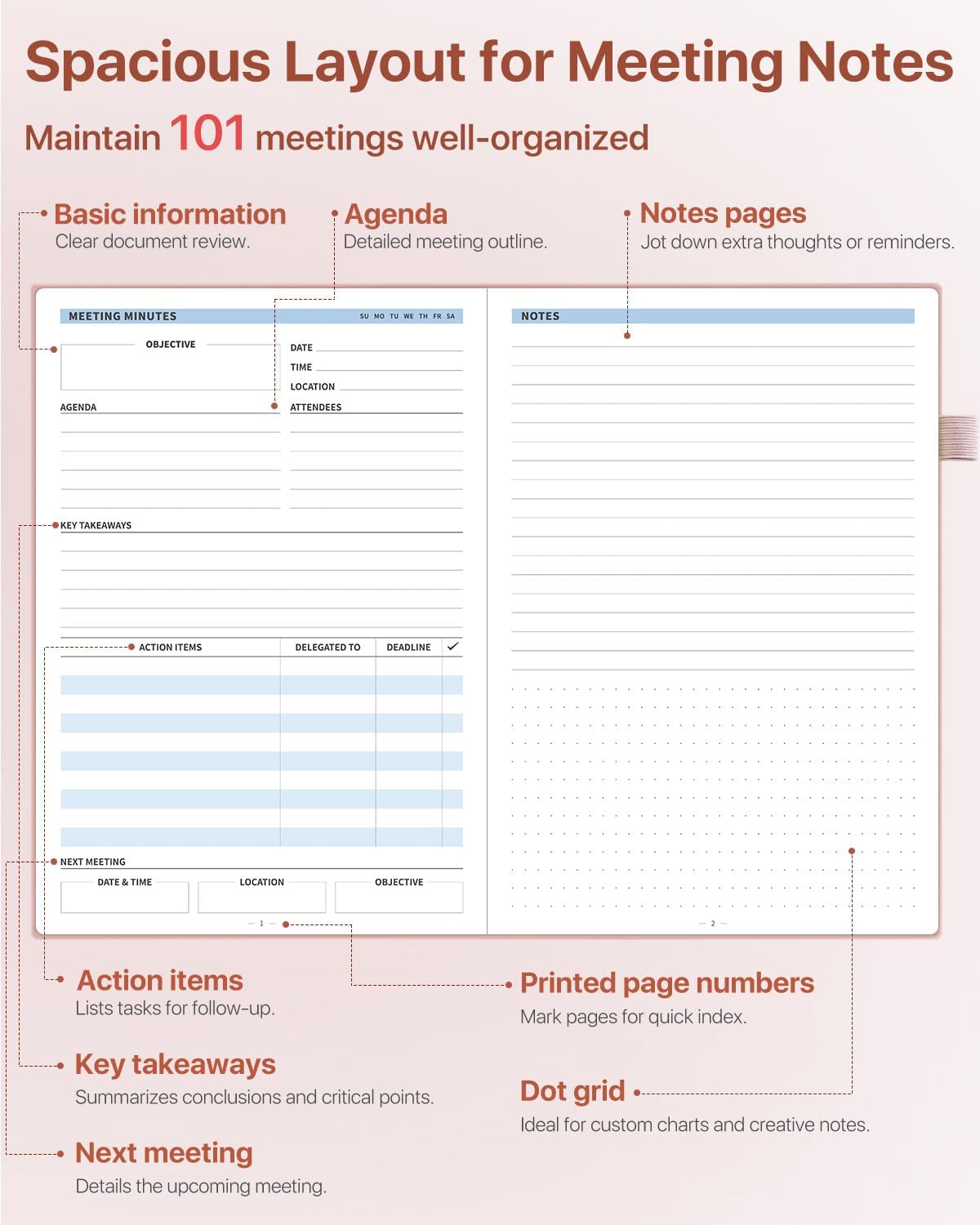WEMATE Meeting Notebook for Work, Work Planner Notebook With Action Items, B5 Size Project Planner, Easily Take Meeting Notes & Keep Agendas on Track, Calender, Index Page, Inner Pocket, 7×10 Inch, Pink