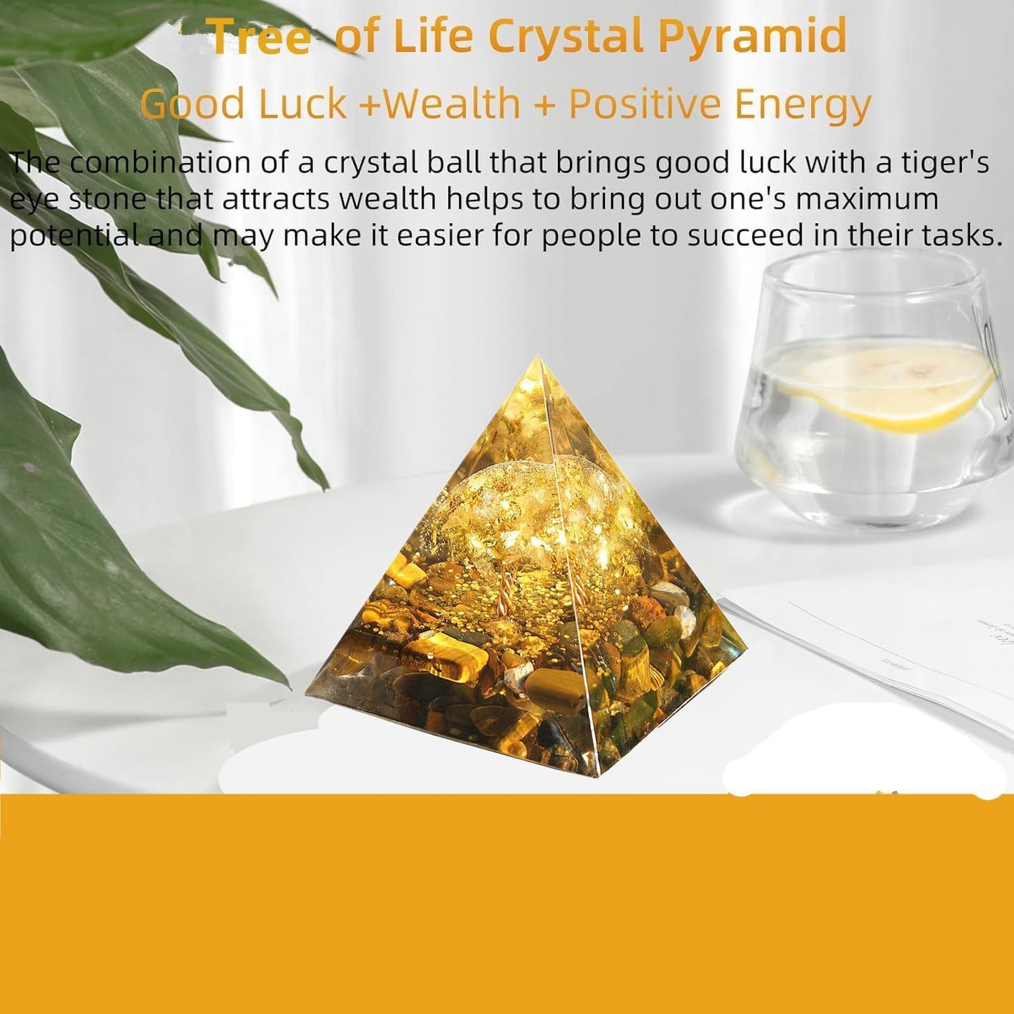 Tree of Life Orgone Pyramid Citrine with Tiger Eyes Positive Energy Healing Crystals Pyramid for Reduce Stress Chakra Reiki Meditation Attracts Lucky and Success