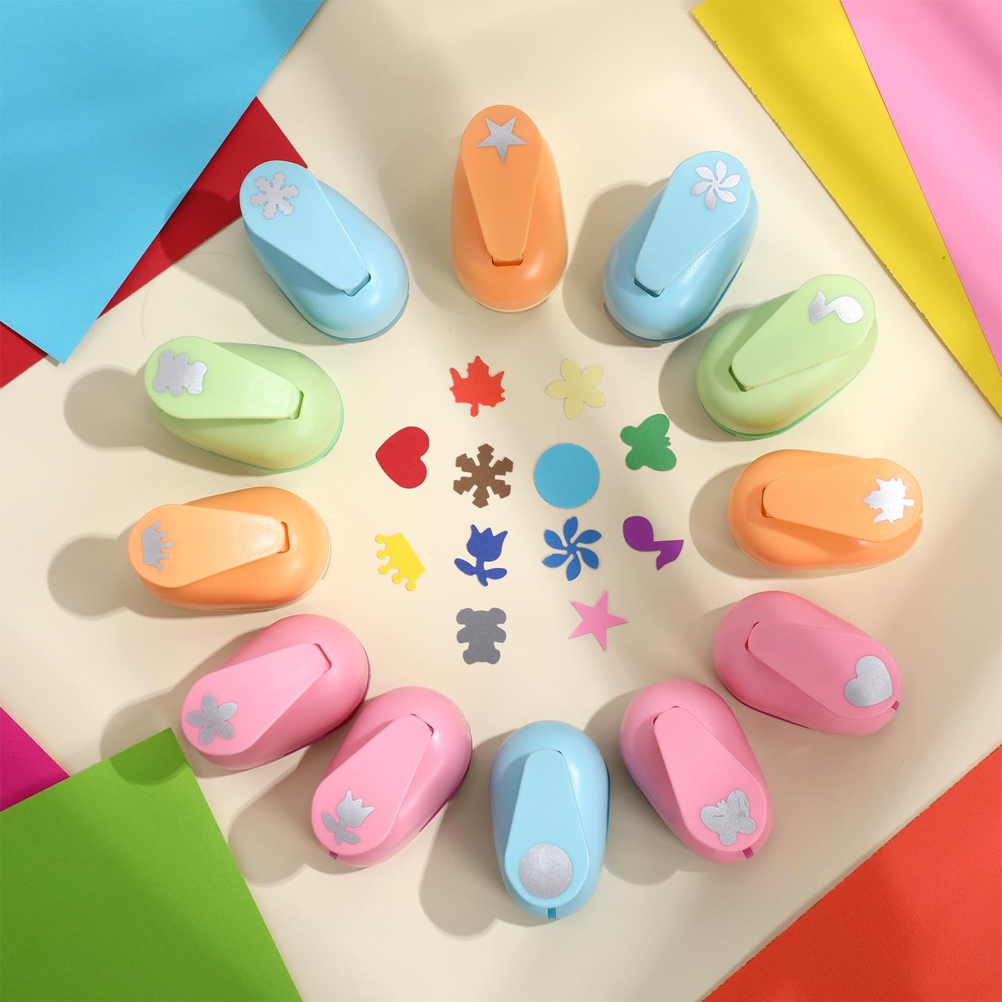 Motipuns 12 Pcs Craft Holes Punch Paper Punchers Scrapbook Punches with Craft Sticker Paper, Round, Maple Leaf, Star, Heart, Bear, Snowflake, Flower, Butterfly Shape, 1 Inch, 12 Shapes