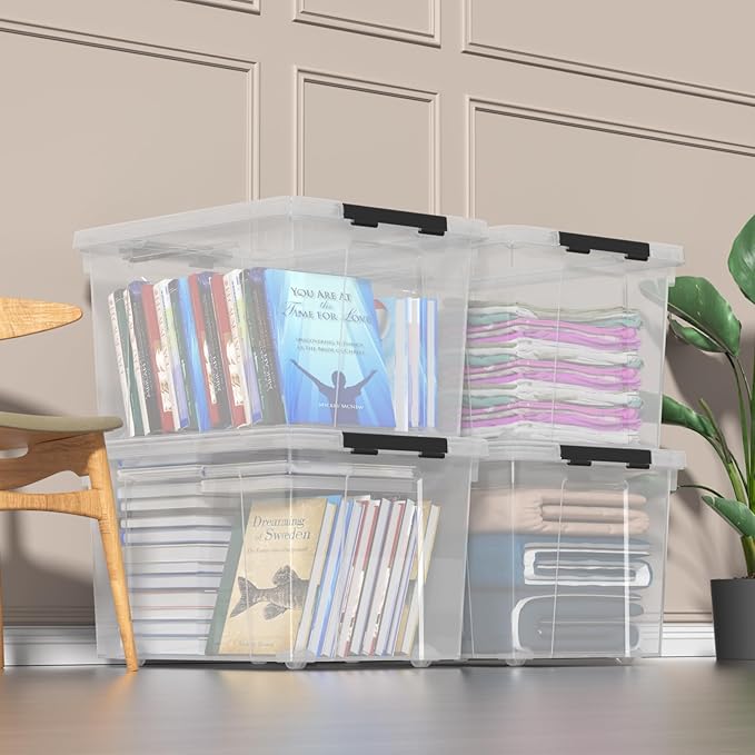 50 Quart Plastic Storage Bins with Lids and Wheels, Large Clear Plastic Storage Totes, 4 Pack