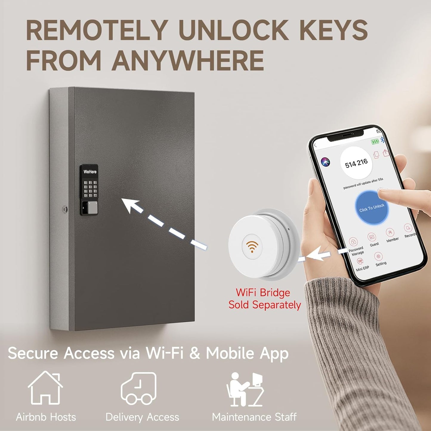 WeHere 192 Key Lock Box Wall Mount, APP Bluetooth/OTP/Wi-Fi/Fixed Code/Key Unlock, Smart Key Cabinet with Key Tag, Key Organizer Holder Box, Key Management Directory for Office, Valet, Realtor, Hotel