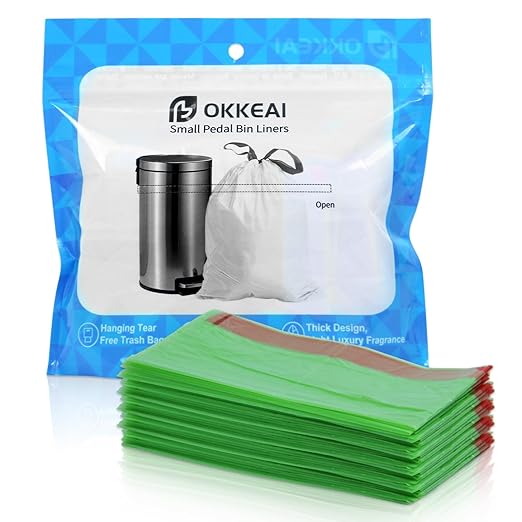 OKKEAI 2.6 Gallon Small Trash Bag, 60 Count Drawstring Green Heavy Duty Trash Bags, Tear-Resistant & Leakproof, Mini Wastebasket Liners for Bathroom, Office, Dorms