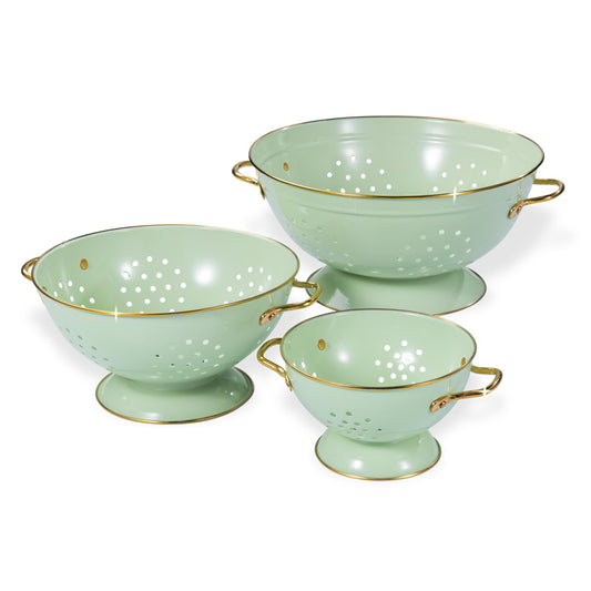 Metal Colander Set of 3, Strainer Basket with Handles perfect for Spaghetti, Pasta, Berry, Vegetable, Fruit, Solid Base Powder Coated Kitchen Essential Strainer Set, 1 & 3.5 & 5 Qt (Green)