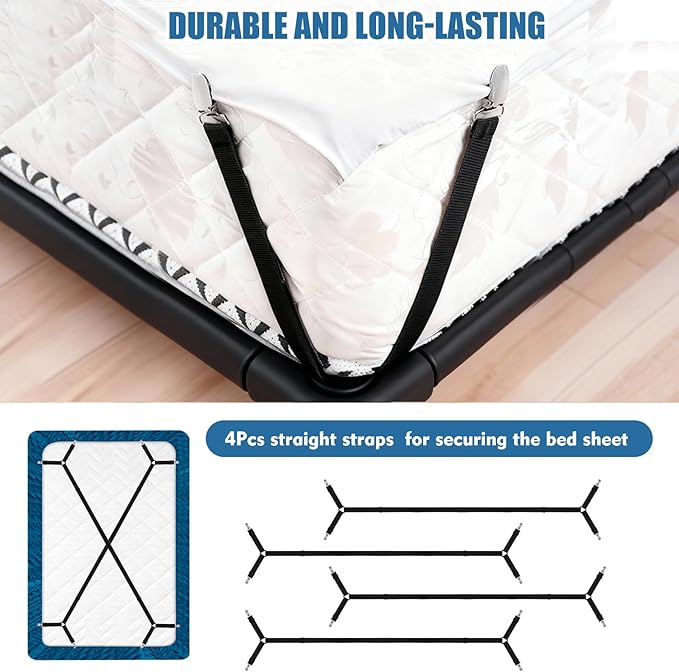 4Pcs Bed Sheet Straps with Metal Clips, Sheet Holders Adjustable Elastic, Bed Sheet Grippers Upgrade for Crib to King Size Bed Keep Sheets in Place(Black)