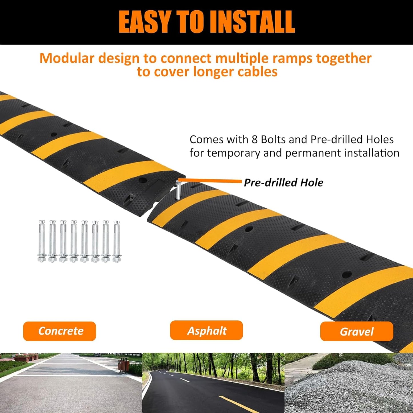 6 Ft Rubber Speed Bumps 2 Pack, Heavy Duty Speed Bumps for Driveway Rubber Gravel Road Asphalt Parking, Modular Driveway Speed Bumps Cable Protector Ramp with 8 Bolts Spikes