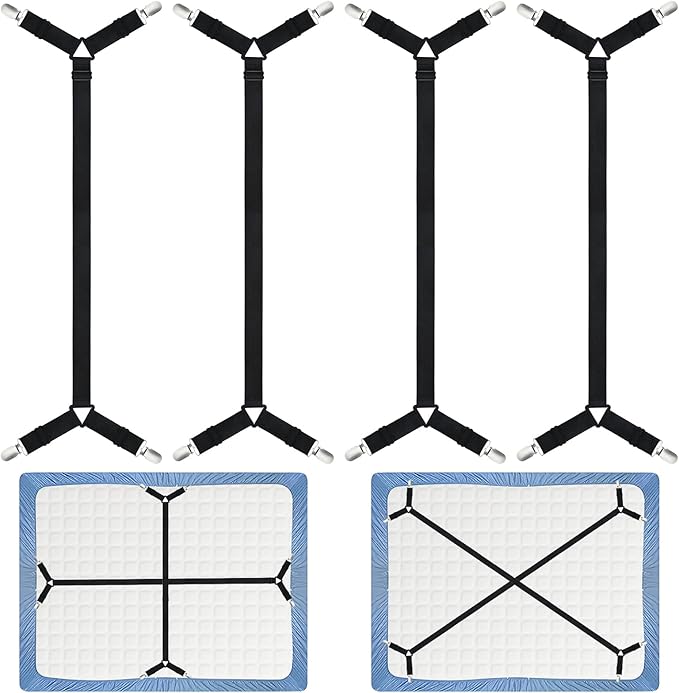 Morcheiong Bed Sheet Fasteners Straps - 4 Pack Adjustable Bed Sheet Holder Strap for Bedding Stays Bedsheet Tie Downs - Black