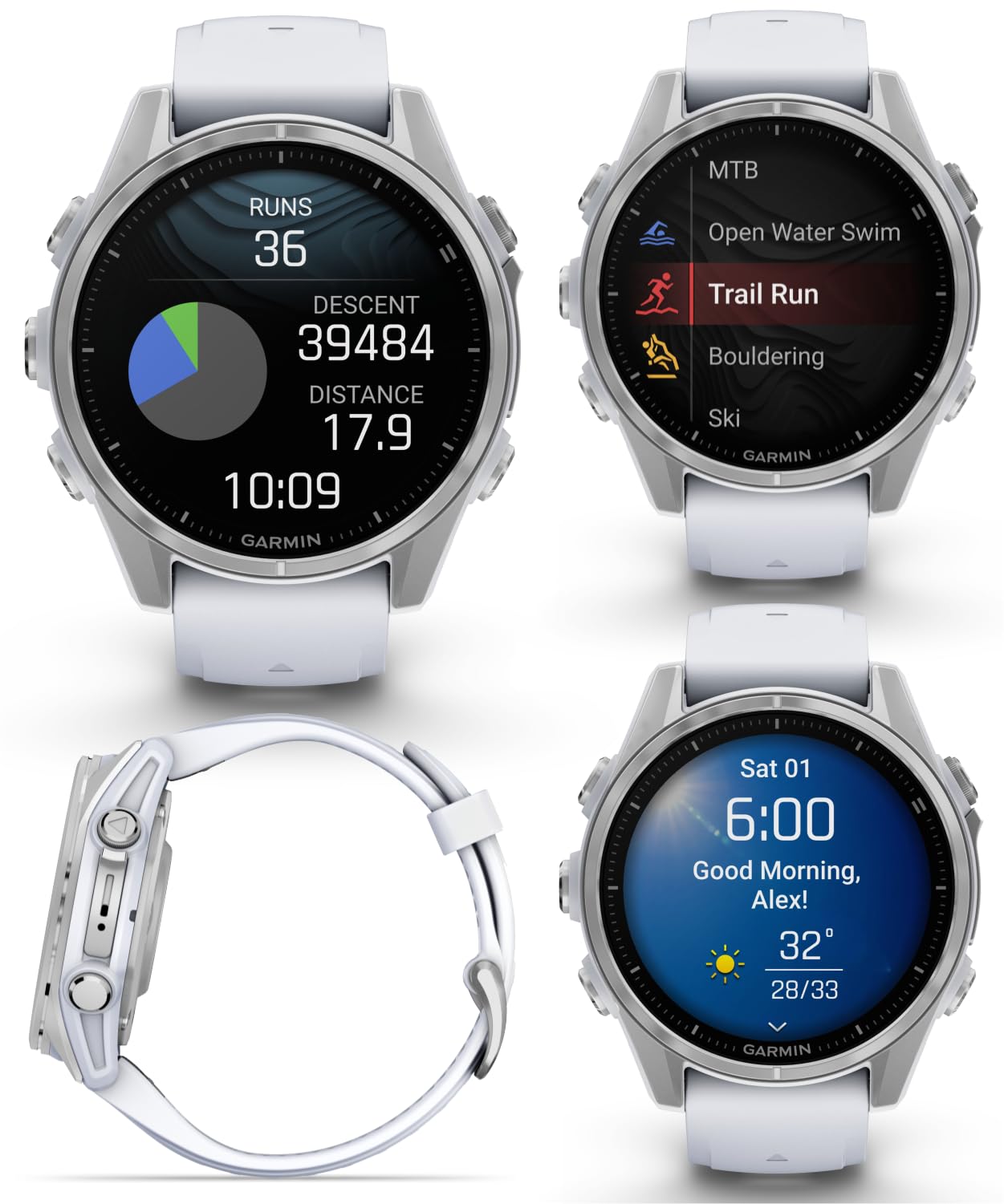 Wearable4U Garmin Fenix 8 - 43 Mm, Amoled Multisport Gps Smartwatch, Silver With Whitestone Silicone Band, Built-In Led Flashlig