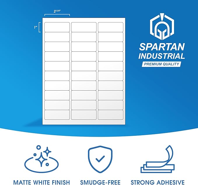 2 5/8" X 1" Matte White Printable Labels for Inkjet and Laser Printers - 100 Sheets, 3000 Total Custom Stickers for Address Labels, Mailing, Barcodes - Spartan Industrial Template R007