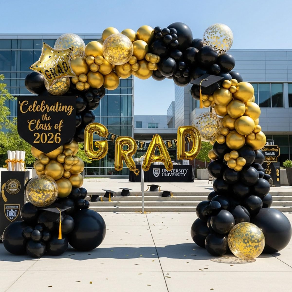 Visondeco Graduation Balloon Arch Kit - 115Pcs Black Gold Graduation Balloon Garland with GRAD Letters and Star Foil Balloons for Class of 2026 Grad Prom Party Decor