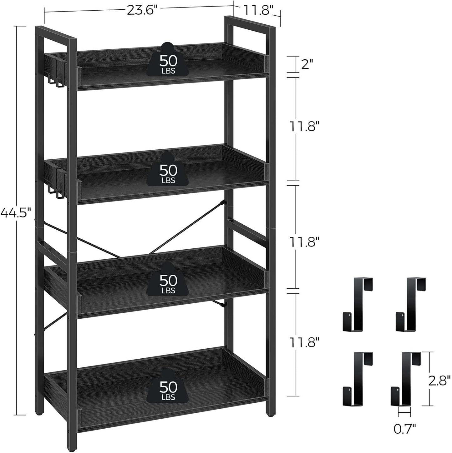 Rolanstar Bookshelf 4 Tier with 4 Hooks, Industrial Bookcase, Vintage Storage Rack with Open Shelves, Rustic Standing Bookshelves Metal Frame Display Rack for Living Room, Bedroom, Black