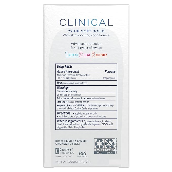 Secret Clinical Strength Antiperspirant Deodorant for Women, Stress Response, 3X Stress Protection, 72hr Sweat & Odor Protection, PH Balancing Minerals, Soft Solid, 1.6 oz (Pack of 3)