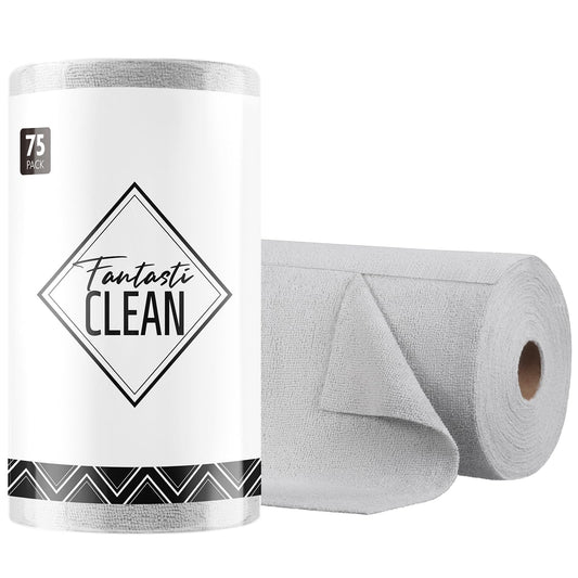 Fantasticlean Microfiber Cleaning Cloth Roll -75 Pack, Tear Away Microfiber Towels, 12" x 12", Reusable, Washable, Scratch Free, Ultra Absorbent Dishcloth for All-Around Cleaning Supplies (Grey)
