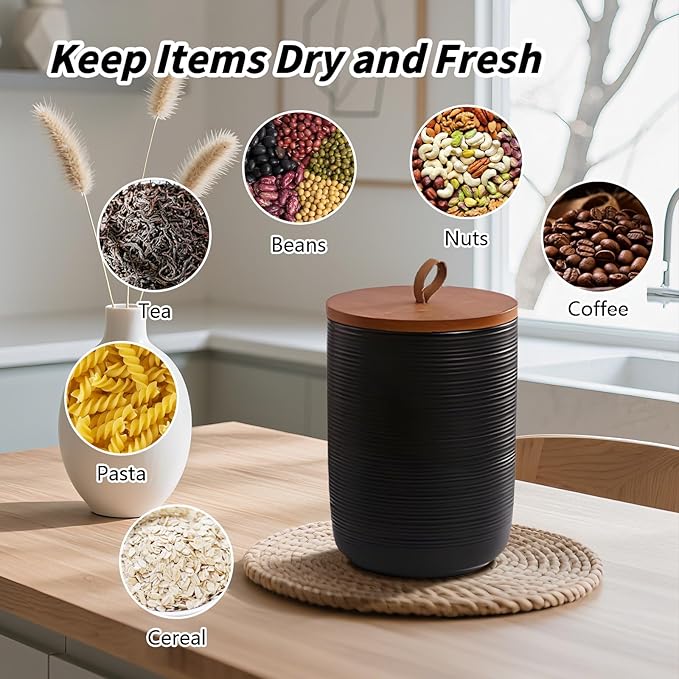 Food Storage Jar Strong Ceramic Storage Canisters with Airtight Wooden Lid,Kitchen Storage Containers for Serving Coffee Beans, Tea, Sugar, Salt, Spices (Medium black 27oz)