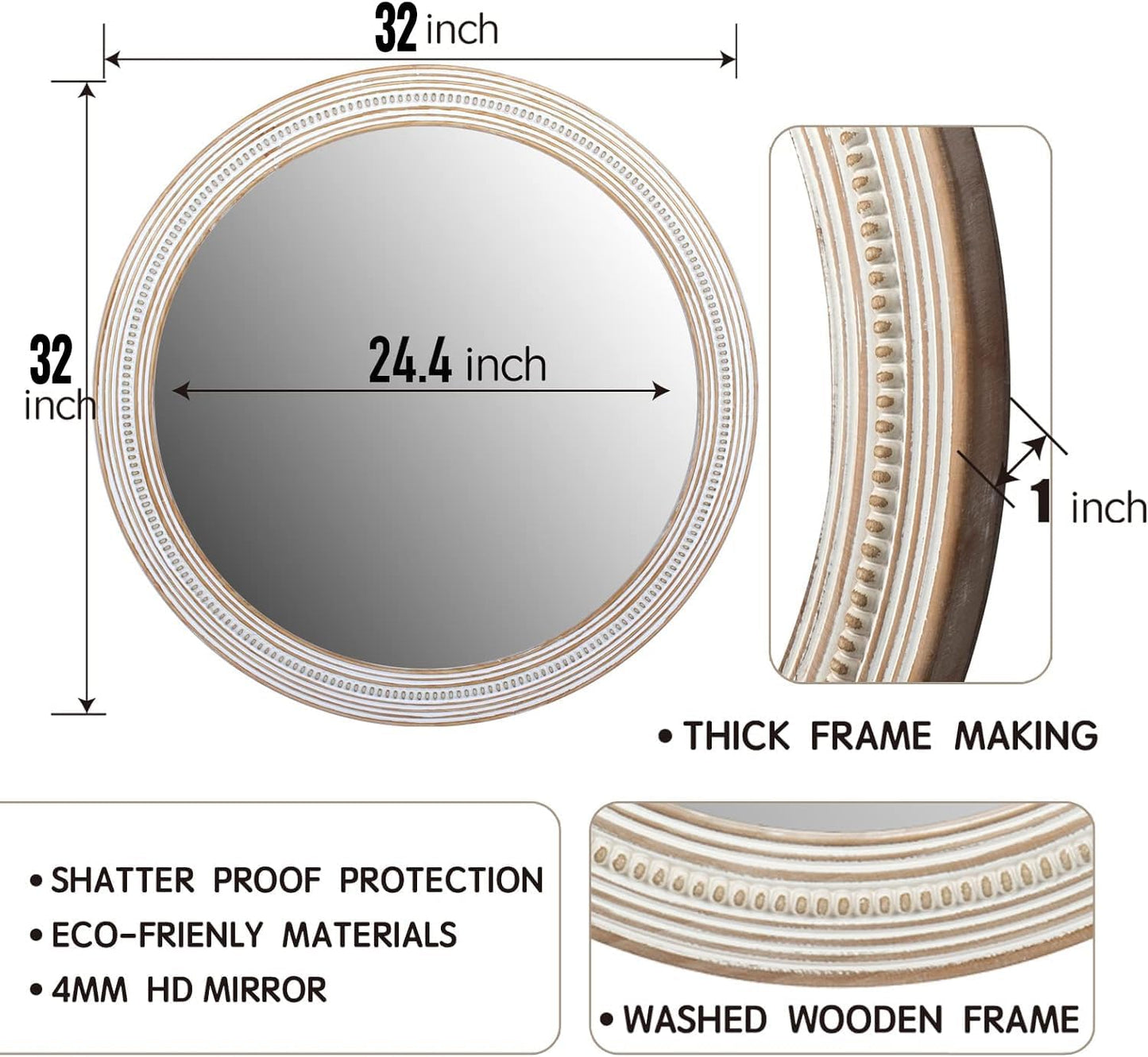 32 Inches Farmhouse Round Wood Mirrors for Wall Decor, Rustic Decorative Circle Mirror for Bathroom, Living Room, Foyer, Entryway