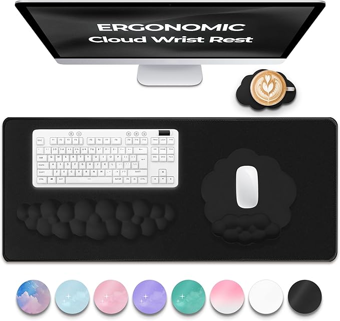 Premium Quality Cloud Wrist Rest Keyboard & Mouse Pad Set – Ergonomic Memory Foam Desk Accessories with Wrist Support for Office & Gaming – Black Fabric