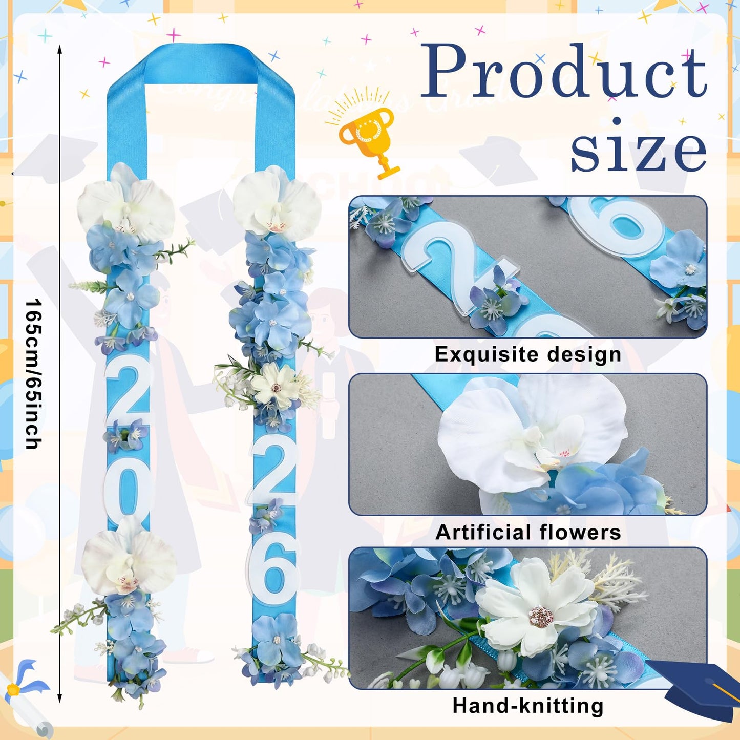 Janinka 65 Inch Graduation Lei Class of 2026 Hawaiian Flower Leis Artificial Flower Wreath Garland Necklace for College Congrats Grad Wedding Party Decor Supplies(Phalaenopsis Style,Blue)