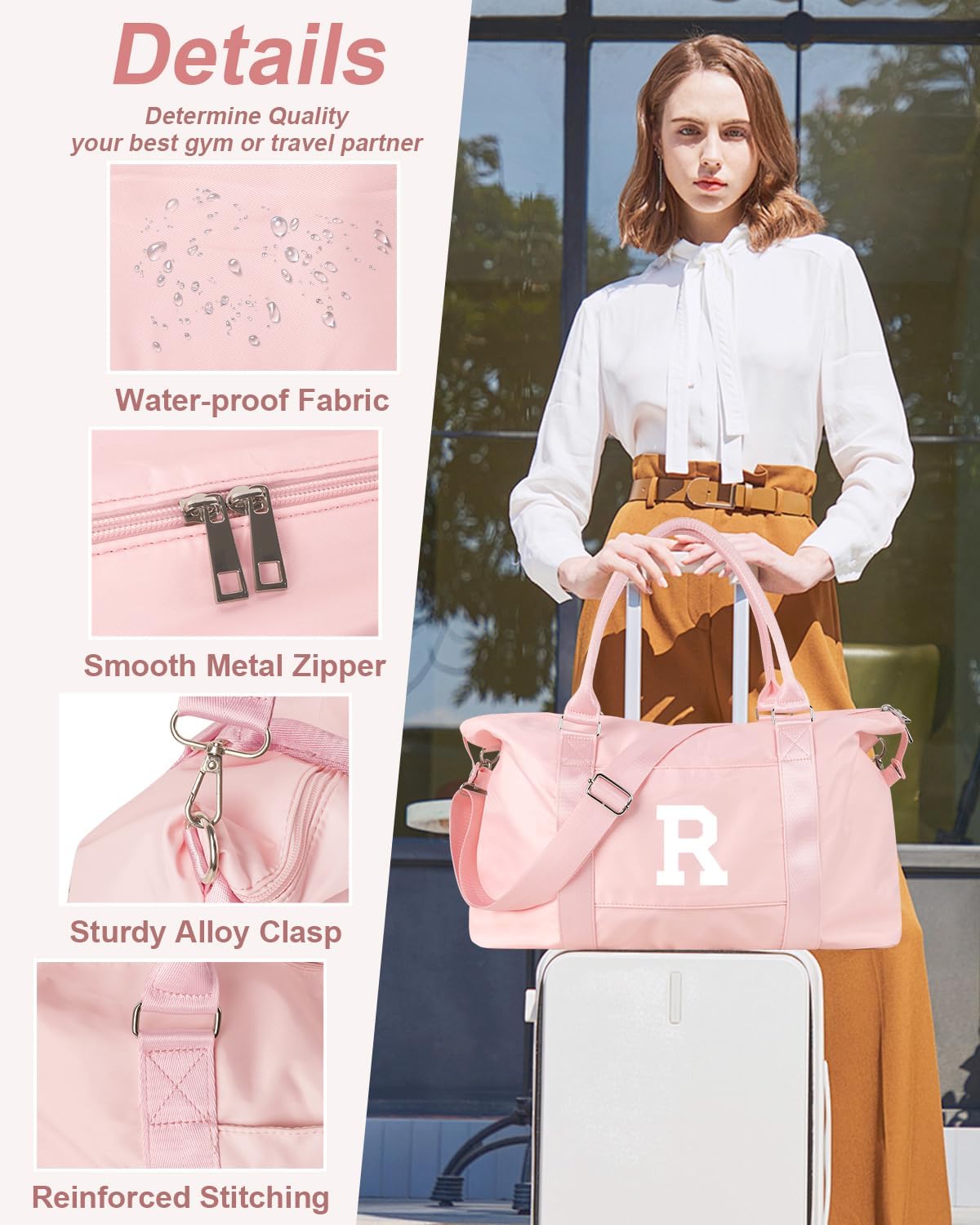 Initial Travel Duffel Bag Sports Gym Bag for Girls Teen Birthday Gifts,Pink Personalized Weekender Bag Carry On Tote Bags for Women Men,Waterproof Overnight Luggage Bag with Trolley Sleeve(Letter R)