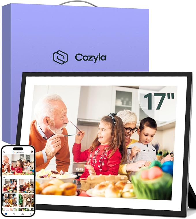 Cozyla 17'' Large Digital Picture Frame WiFi AI-Enhanced Free Unlimited Storage Wall Mount Share Photo＆Video via Apps Smart Digital Photo Frame Electric Picture Frame Slideshow Display Mat