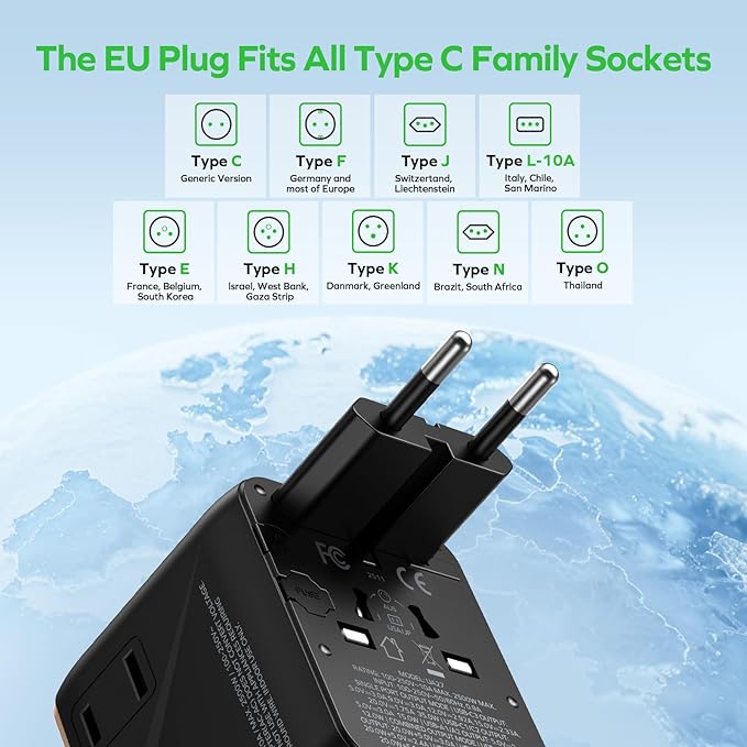 MOMAX 7-in-1 Universal Travel Adapter, 3 USB-C PD & 2 USB-A QC, 2AC, All-in-one European Travel Plug Adapter, International Power Adapter for Travel UK EU AUS JP, Travel Essentials