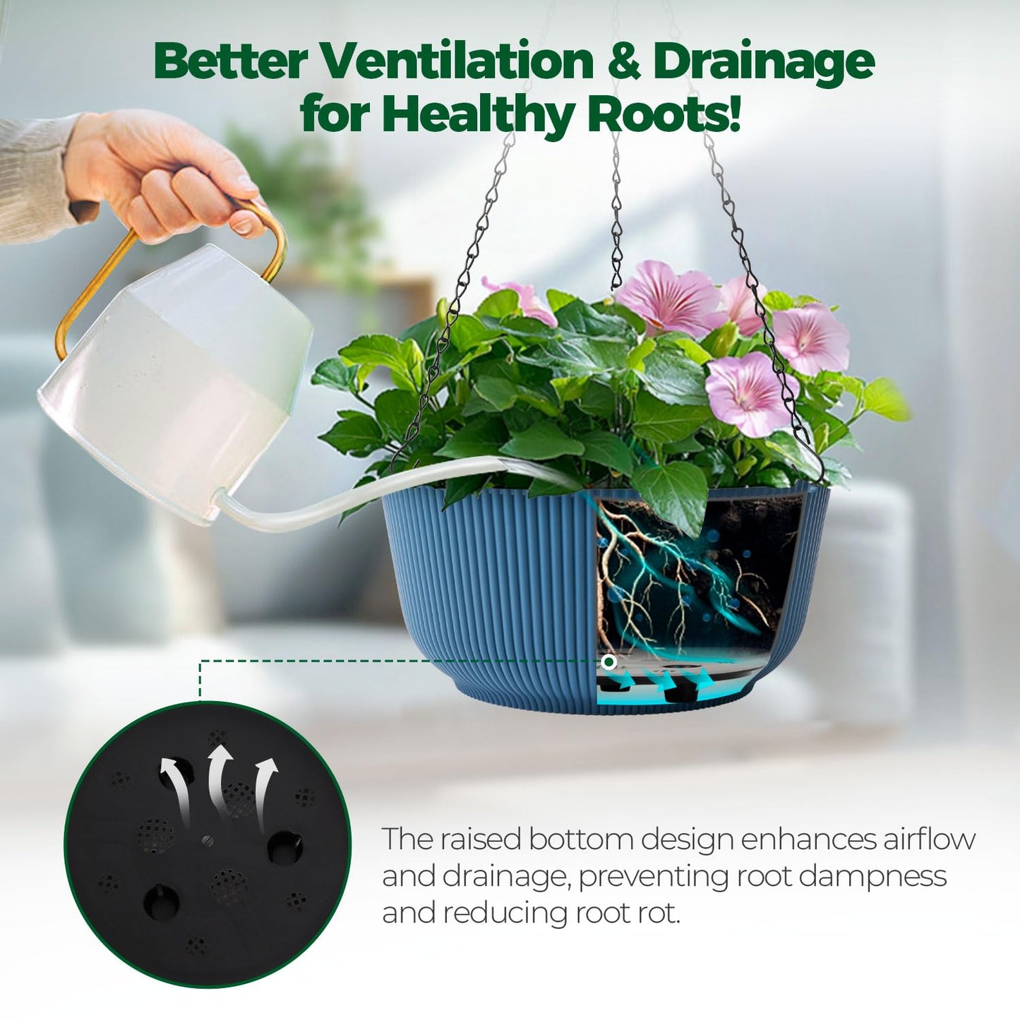 T4U 12 Inch Large Hanging Planters for Outdoor Plants, 2 Pack Self Watering Pots Indoor, Hanging Baskets for Plants,Hanging Flower Pot with Drainage Hole and Plant Hanger, Blue