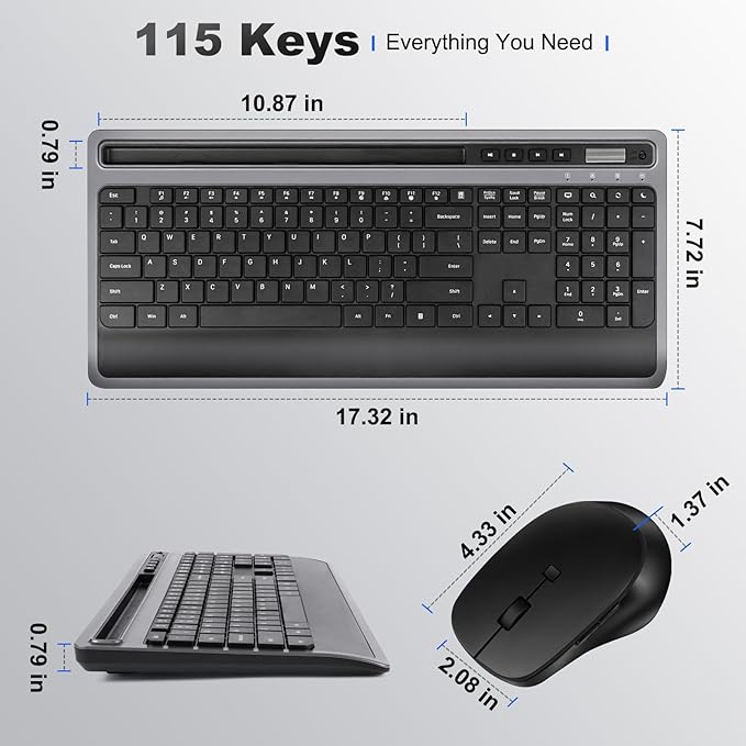 Wireless Keyboard and Mouse Combo, Full Size Ergonomic Keyboard with Wrist Rest and Phone Holder 2.4G USB & Type-C Quiet Keyboard Silent Mouse for Computer Laptop Windows Mac iOS