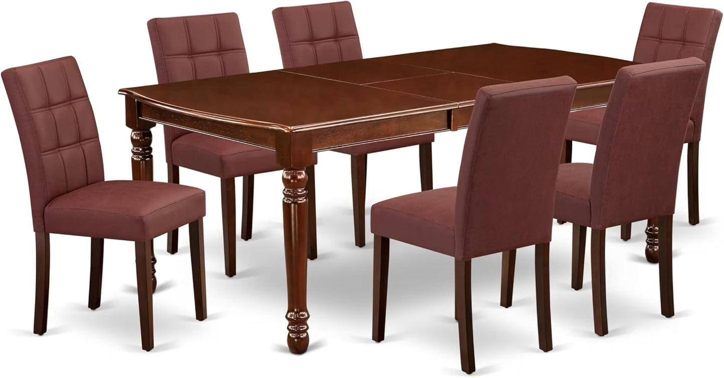 East West Furniture DOAS7-MAH-26 7 Piece Dining Table Set Contain A Dining Room Table and 6 Burgundy Polyester Fabric Upholstered Chairs, Mahogany