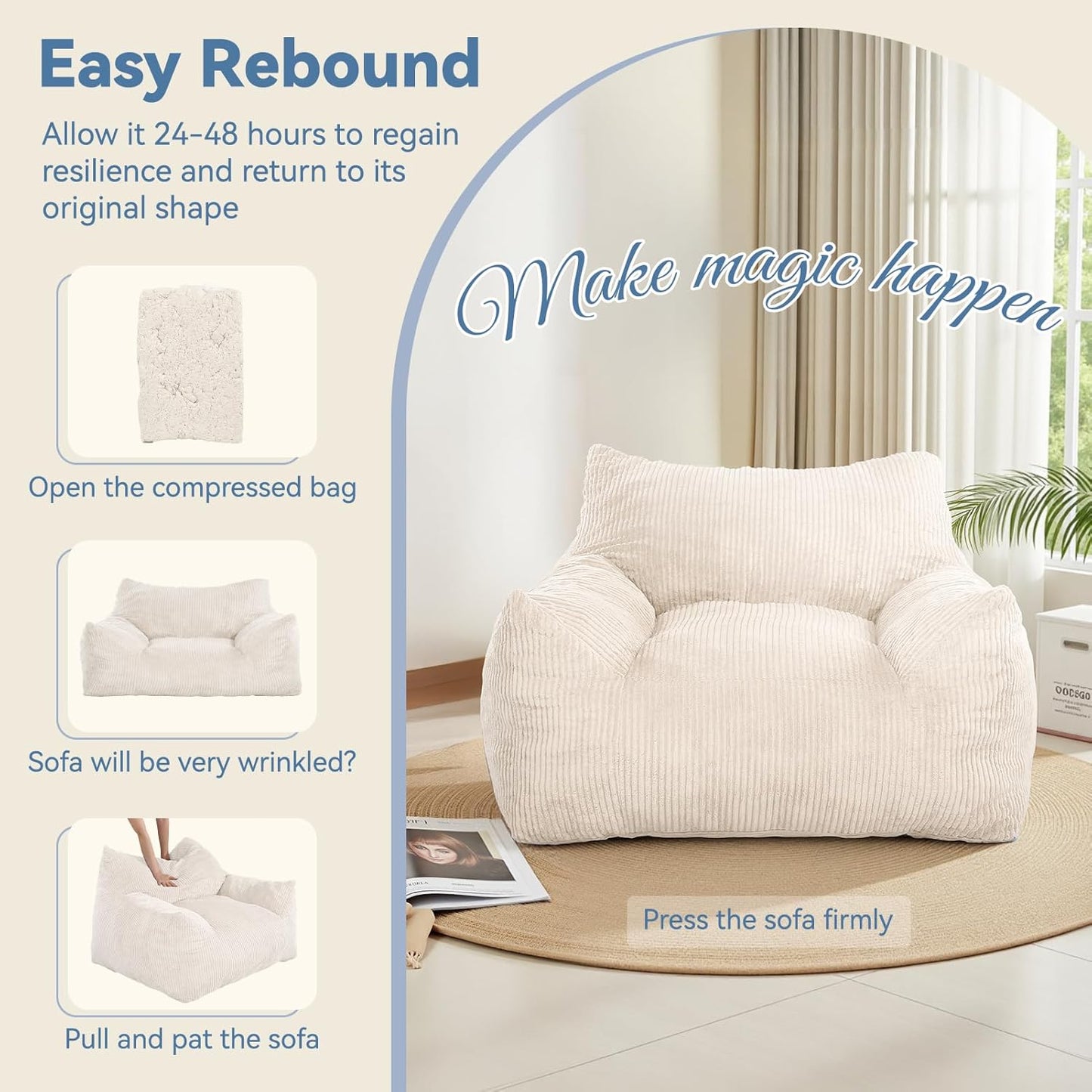 INMOZATA Bean Bag Chair for Adults, 3FT Beanbag Chair with Ottoman Pre-Filled Fluffy Lazy Chair Corded Fabric Accent Chair for Bedroom Living Room Dorm (Ivory)