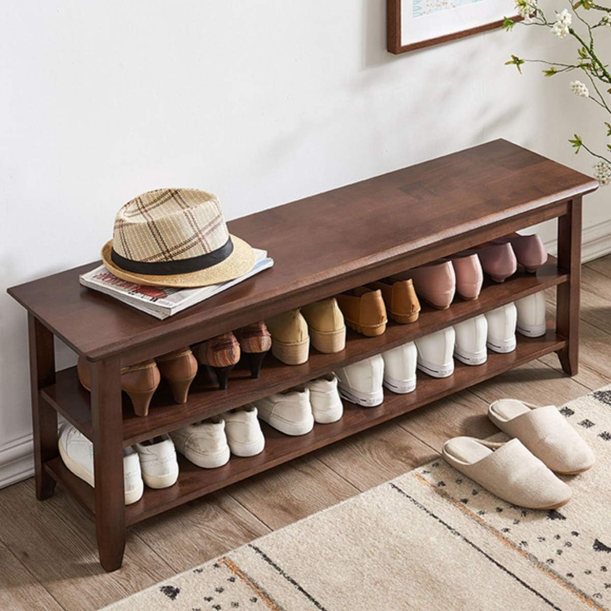 Shoe Bench with Storage for Entryway, 48", Shoe Rack Bench with 3-Tier Organizer Shelf for Hallway, Bedroom, Living Room, Solid Wood, Holds Up to 550Lbs, Dark Brown