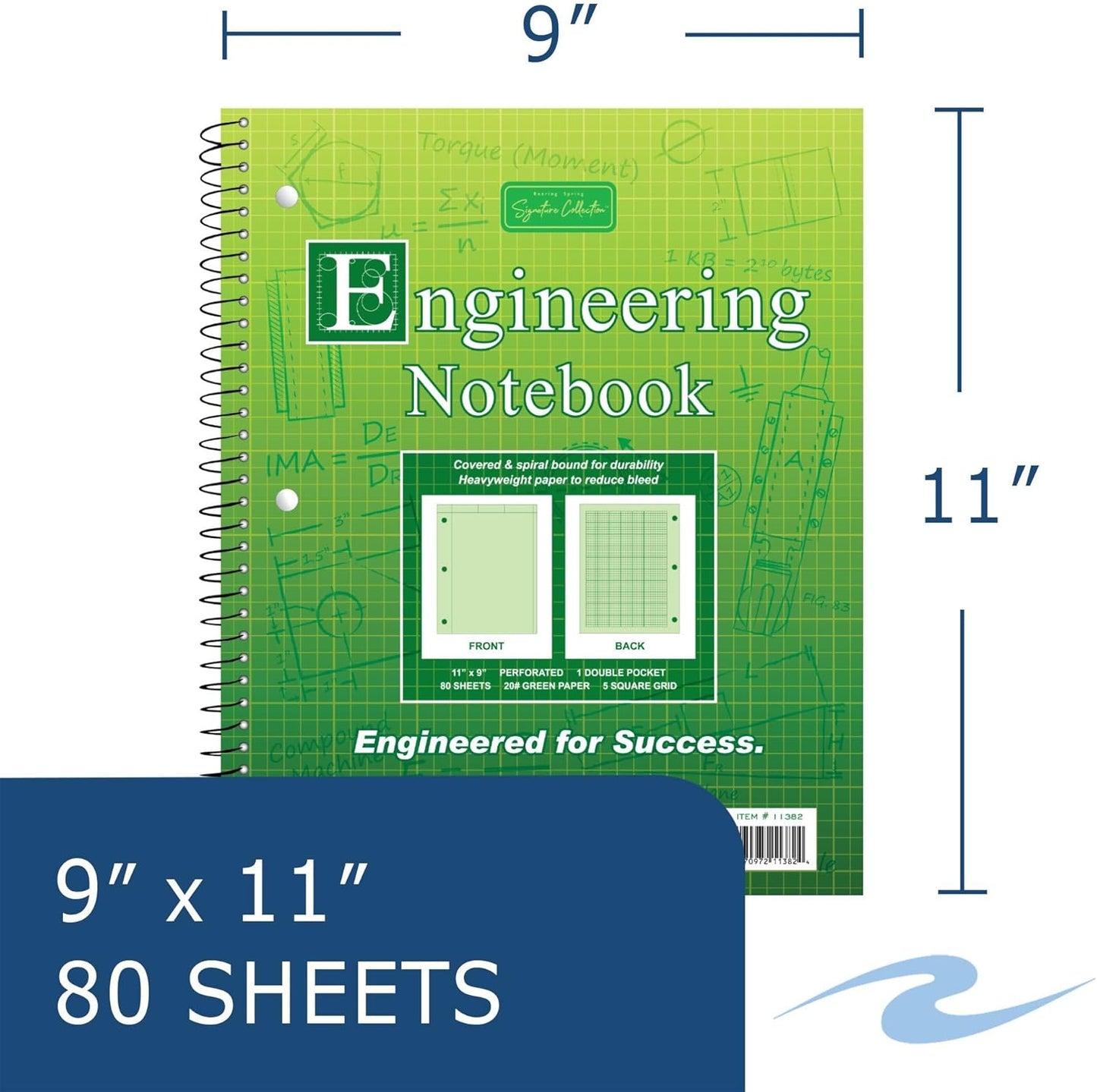 Roaring Spring Engineering Wirebound Spiral Notebook, 8.5"x11", 80 Sheets Per book, Heavy 20# Green Tinted Paper, Computation Pad, Proudly Made in The USA, Heavyweight Backer Board (Pack of 1)