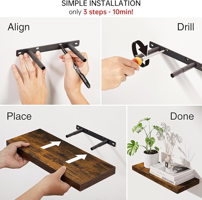 BAYKA Floating Shelves Bathroom for Wall – Shelf Over Toilet Farmhouse Rustic Wood for Bedroom, Kitchen, or Living Room Decor Organization, Christmas Decor Shelves – Rustic Brown, Set of 3
