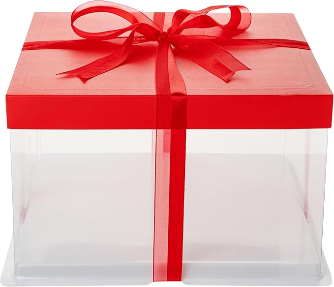 Restaurantware Sweet Vision 10 Inch x 8.25 Inch Transparent Cake Boxes 10 Grease Resistant Base Clear Cake Boxes - Red Lid Red Ribbon Plastic Birthday Cake Boxes For Weddings Or Birthdays