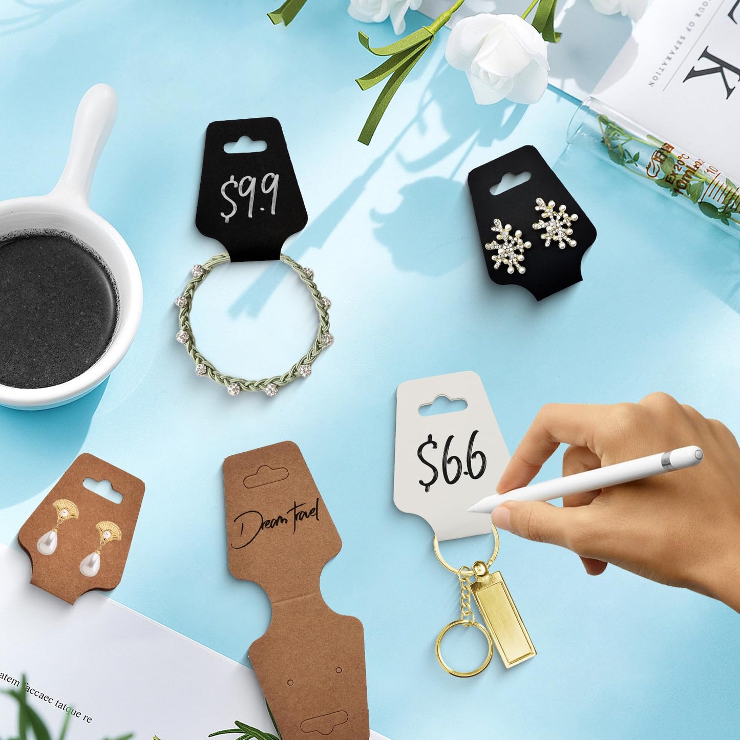 300pcs Jewelry Display Cards with Adhesive, 1.7 * 4.7inch Necklace Display Cards with 300pcs Packaging Bags Jewelry Holder Cards Hanging for Earring Hair Band Keychain Scrunchies (Black)